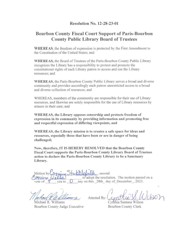 Bourbon County Fiscal Court Support of Paris-Bourbon County Public Library Board of Trustees