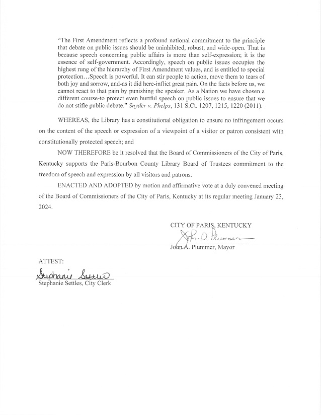 Paris City Commission Support of Bourbon County Library Board of Trustees--Part 2
